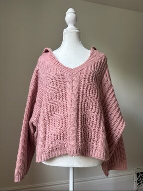 C'EST MOI Pink Chunky Cable Knit‎ Preppy Cottage Hooded Vneck Sweater One Size